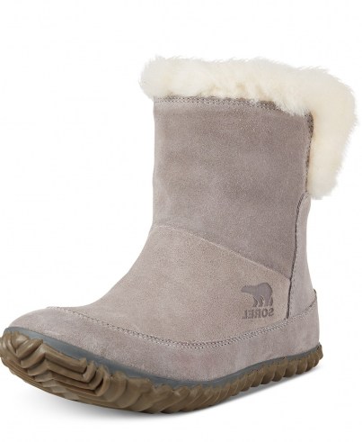 Sorel Women’s Out N About Bootie Slippers – plush faux fur in a cuffable design with outdoor-ready waterproof versatility. - flipped