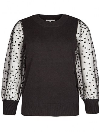 OLIVER BONAS Star Flock Sheer Sleeve Black Knitted Jumper | black sheer sleeve jumpers - flipped