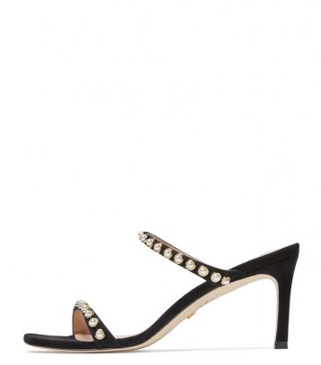 Stuart Weitzman ALEENA 75 PEARLS SLIDES BLACK ~ glamorous evening heels ~ embellished party sandals - flipped