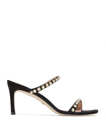 Stuart Weitzman ALEENA 75 PEARLS SLIDES BLACK ~ glamorous evening heels ~ embellished party sandals