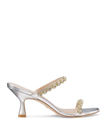 Stuart Weitzman MARLETTA 75 CRYSTAL MID HEELS METALLIC LEATHER SILVER ~ embellished evening shoes ~ double strap party mules