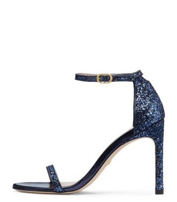 Stuart Weitzman NUDISTSONG GLITTER STILETTO SANDALS NICE BLUE ~ glittering party sandals ~ barely there ankle strap event shoes ~ evening heels - flipped
