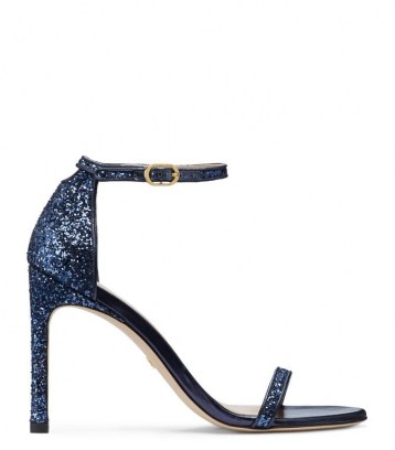 Stuart Weitzman NUDISTSONG GLITTER STILETTO SANDALS NICE BLUE ~ glittering party sandals ~ barely there ankle strap event shoes ~ evening heels