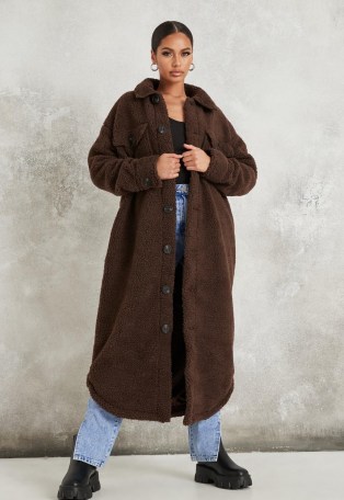 MISSGUIDED tall chocolate long borg shacket coat ~ casual winter coats ~ brown textured fabrics - flipped