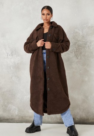 MISSGUIDED tall chocolate long borg shacket coat ~ casual winter coats ~ brown textured fabrics