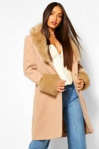 boohoo Tall Faux Fur Collar And Cuff Coat / camel brown fur trimmed winter coats