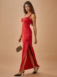 Reformation Tally Dress Crimson | red thigh high split evening dresses