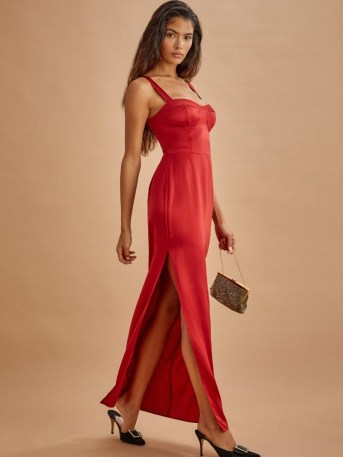 Reformation Tally Dress Crimson | red thigh high split evening dresses - flipped