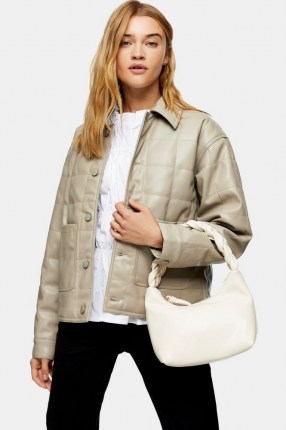 TOPSHOP Taupe Boxy Quilted PU Jacket – neutral faux leather jackets - flipped
