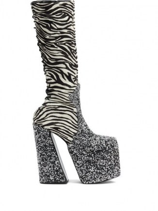 HARRIS REED X ROKER The H zebra-stripe calf-hair platform boots – 70s vintage style glamour – super high platforms – retro footwear