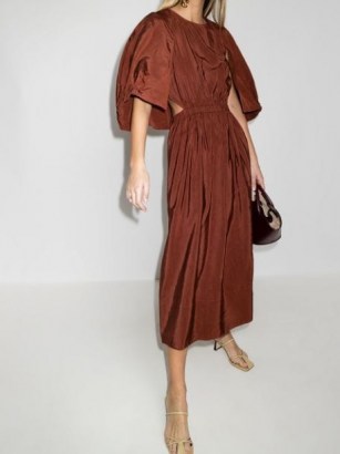 Tibi Gemma shirred waist cape dress in rusty-brown - flipped