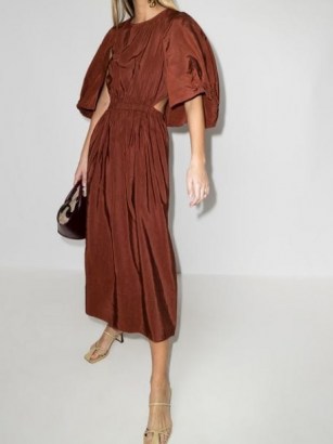 Tibi Gemma shirred waist cape dress in rusty-brown