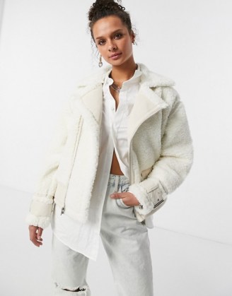 Topshop faux shearling biker jacket in off white ~ textured winter jackets ~ luxe style outerwear - flipped