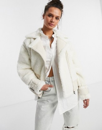Topshop faux shearling biker jacket in off white ~ textured winter jackets ~ luxe style outerwear