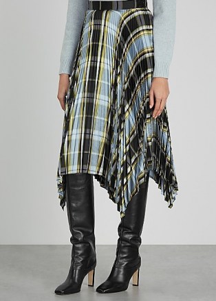 TORY BURCH Sunburst checked pleated silk midi skirt ~ asymmetric check print skirts ~ bold checks