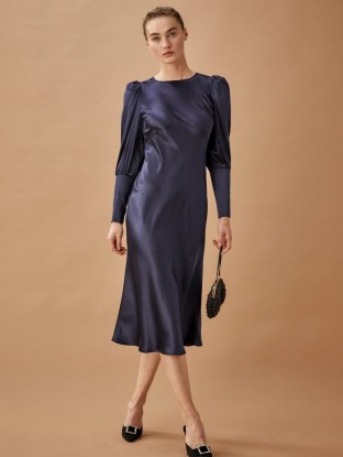 Reformation Virgo Dress | navy blue silk dresses | puff sleeve fashion