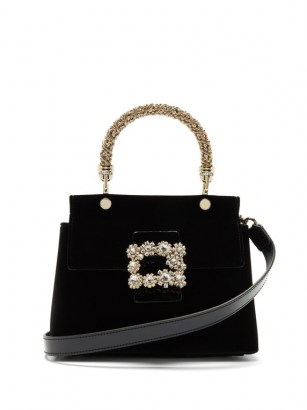 ROGER VIVIER Black Viv’ crystal-embellished velvet bag – small boxy top handle bags – luxe handbags - flipped