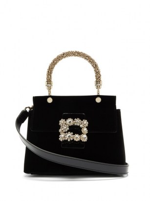 ROGER VIVIER Black Viv’ crystal-embellished velvet bag – small boxy top handle bags – luxe handbags