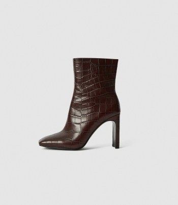 REISS VOGUE LEATHER CROC EMBOSSED ANKLE BOOTS PLUM -crocodile effect boots - flipped