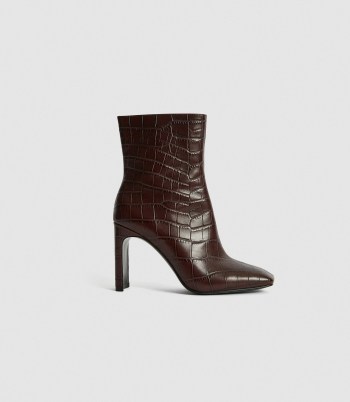 REISS VOGUE LEATHER CROC EMBOSSED ANKLE BOOTS PLUM -crocodile effect boots