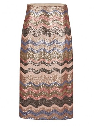 OLIVER BONAS Wavy Sequin Stripe Pink Midi Skirt | sequinned skirts - flipped