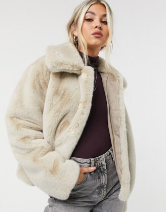 Whistles faux fur cropped coat in ivory – neutral winter coats - flipped
