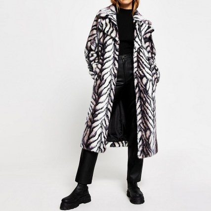 RIVER ISLAND White long line faux fur zebra print coat / glamorous winter coats / glamour / monochrome animal prints