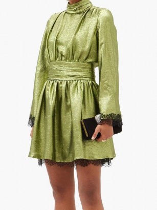 DUNDAS Wide-sleeve lace-trimmed silk-blend lamé dress in green ~ shimmering event dresses ~ evening glamour - flipped