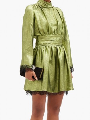DUNDAS Wide-sleeve lace-trimmed silk-blend lamé dress in green ~ shimmering event dresses ~ evening glamour