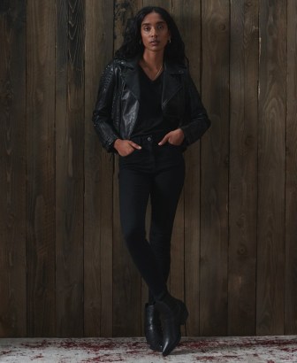 SUPERDRY ORIGINAL & VINTAGE Backstage Leather Biker Jacket – black studded jackets - flipped