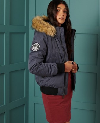 SUPERDRY ORIGINAL & VINTAGE Microfibre Bomber Jacket ~ blue faux fur trim winter jackets ~ casual outerwear - flipped