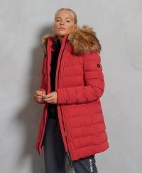 SUPERDRY SPORT New Arctic Tall Puffer Coat High Risk Red ~ faux fur trim winter coats ~ casual outerwear