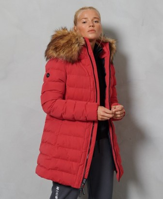 SUPERDRY SPORT New Arctic Tall Puffer Coat High Risk Red ~ faux fur trim winter coats ~ casual outerwear - flipped