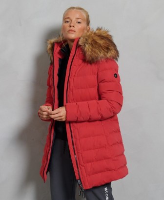 SUPERDRY SPORT New Arctic Tall Puffer Coat High Risk Red ~ faux fur trim winter coats ~ casual outerwear