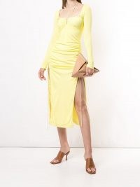 Dion Lee yellow side-slit detail midi silk dress | ruched dresses | thigh high split | strappy tie details