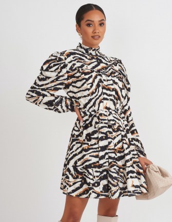 FOREVER UNIQUE Zebra Print Tea Dress / puff sleeve animal print dresses - flipped