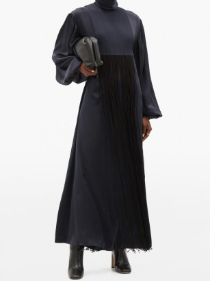 ROKSANDA Zina high-neck fringed silk-satin maxi dress ~ navy blue event wear ~ effortlessly elegant evening dresses