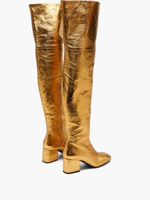 MARNI Zipped distressed-leather over-the-knee boots / gold high leg block heel boots