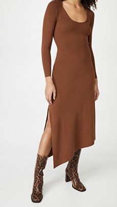 A.L.C. Harvey Dress in Terra ~ brown asymmetrical hem dresses with thigh-high side slit - flipped