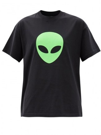 BALENCIAGA Alien-print cotton-jersey T-shirt / black slogan print tee / aliens face t-shirts - flipped