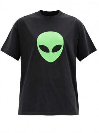 BALENCIAGA Alien-print cotton-jersey T-shirt / black slogan print tee / aliens face t-shirts