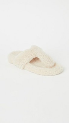 Aquazzura Relax Flat Footbed Shearling Sandals in Cream / textured flats - flipped