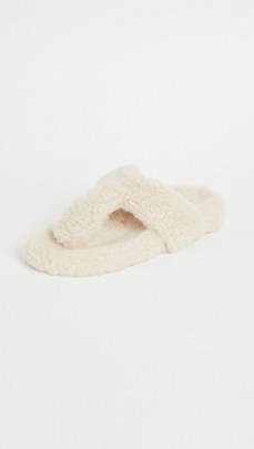 Aquazzura Relax Flat Footbed Shearling Sandals in Cream / textured flats