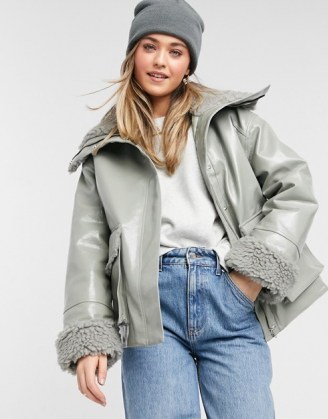 ASOS DESIGN leather look jacket with borg lining in sage