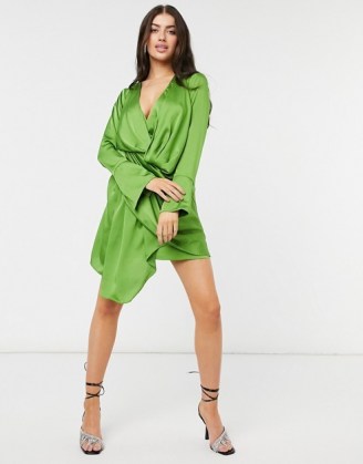 ASOS DESIGN satin mini dress with drape skirt detail in green - flipped