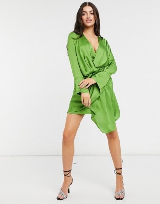 ASOS DESIGN satin mini dress with drape skirt detail in green