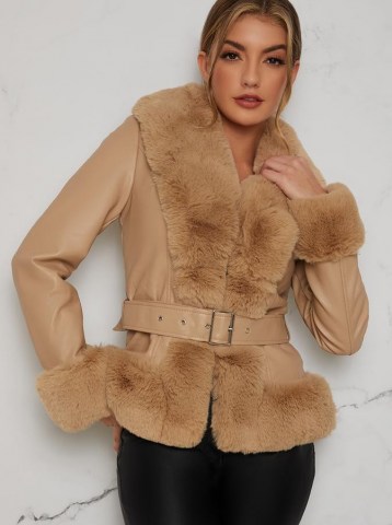 Chi Chi Alexis Coat – faux fur trim leather-look winter coats – brown fluffy trimmed jackets - flipped