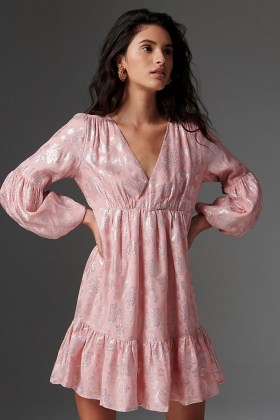 ANTHROPOLOGIE Masie Metallic Jacquard Mini Dress / pink shimmer detail dresses - flipped