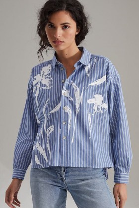Maeve Alaina Embroidered Swing Buttondown / blue floral shirts - flipped