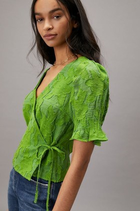 Maeve Verdi Textured Wrap Blouse – green side tie blouses